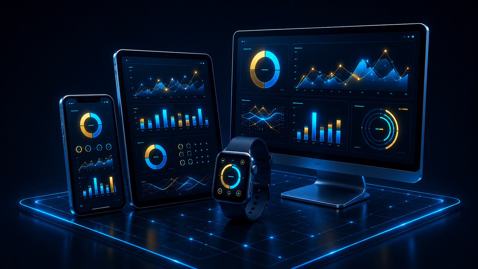 Custom applications shown across phone, tablet, watch, and monitor