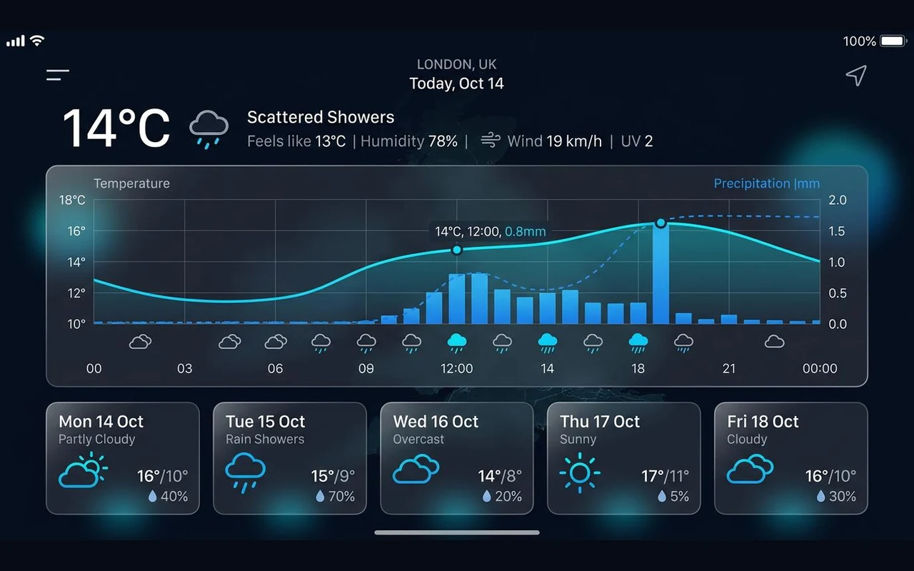 A Loft iOS weather app showing a forecast chart and radar