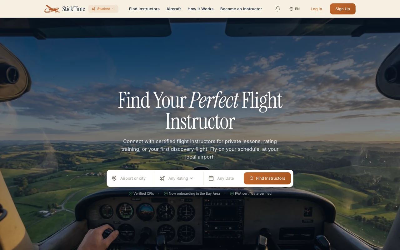StickTime flight-instructor marketplace homepage